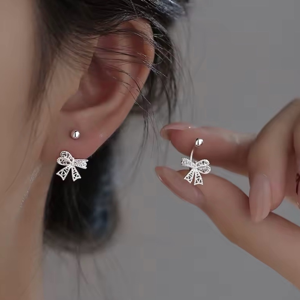 S925 Real Silver Lace Heart Hollow Bow Screw Buckle Puncture Stud Earrings. . - Picture 2 of 6